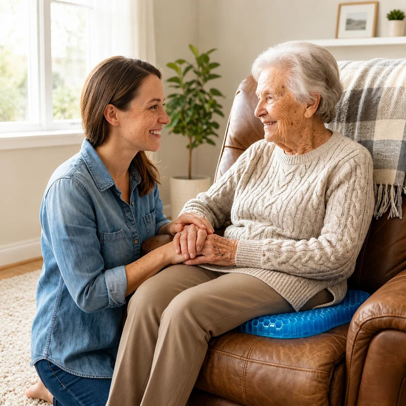 A daughter kneeling beside her elderly mother's recliner, holding her hands